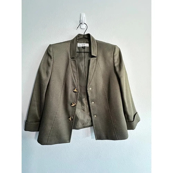 Tahari Arthur S Levine Womens Blazer Jacket Olive Green Three Button Textured - Picture 11 of 16